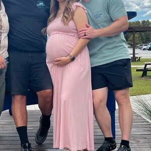 Pink Sleeveless Ruffle Jumpsuit. Maternity! Super stretchy!